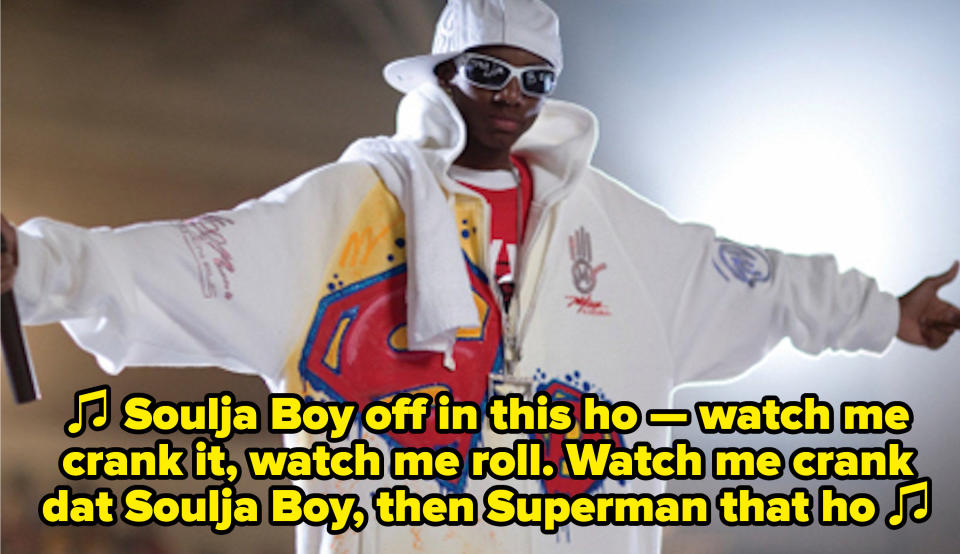 Soulja Boy rapping: "Soulja Boy off in this ho — watch me crank it, watch me roll. Watch me crank dat Soulja Boy, then Superman that ho"