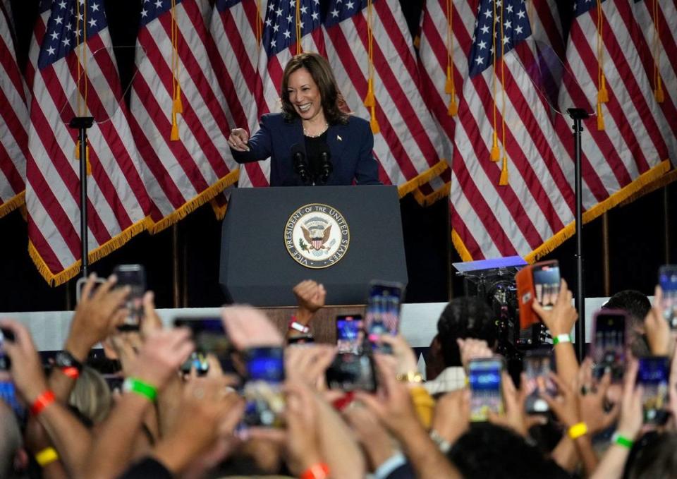 Vice President Kamala Harris speaks at the Harris for President Campaign Rally at West Allis Central High School in West Allis on Tuesday, July 23, 2024. -- Mike De Sisti / Milwaukee Journal Sentinel