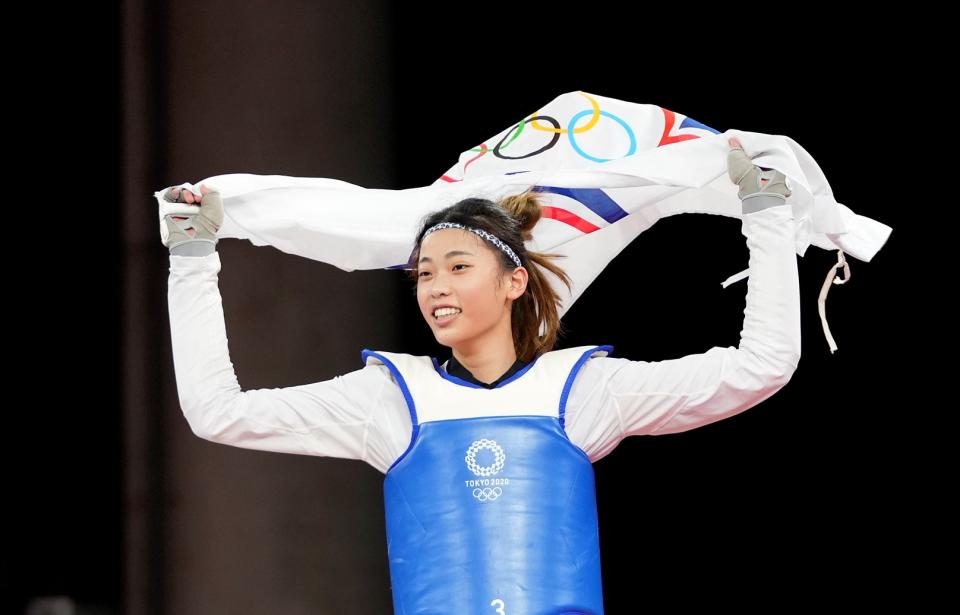 羅嘉翎於東京奧運跆拳道女子57公斤級項目奪銅。(Photo by Wang Yuguo/Xinhua via Getty Images)