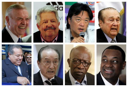 A combination photo shows eight of the nine football officials indicted for corruption charges in these file photos. From L-R: (top row) then President of the Brazilian Football Confederation Jose Maria Marin, President of the Venezuelan Football Federation Rafael Esquivel, President of Costa Rica’s Football Federation Eduardo Li, then President of South American Football Confederation CONMEBOL Nicolas Leoz, (bottom row) then President of the Nicaraguan Football Federation Julio Rocha, then Acting President of CONMEBOL Eugenio Figueredo, then FIFA Executive member Jack Warner, and President of Confederation of North, Central America and Caribbean Association Football CONCACAF Jeffery Webb. Seven of the most powerful figures in global soccer faced extradition to the United States on corruption charges after being arrested on May 27, 2015, in Switzerland, where authorities also announced a criminal investigation into the awarding of the next two World Cups. REUTERS/Staff/Files