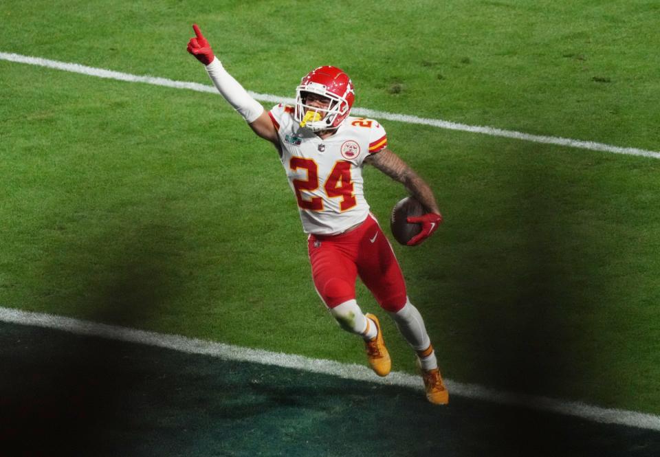 Kansas City Chiefs wide receiver Skyy Moore (24) celebrates as he scores a touchdown against the Philadelphia Eagles in the 4th quarter in Super Bowl LVII at State Farm Stadium in Glendale on Feb. 12, 2023.<br>© Joe Rondone/The Republic