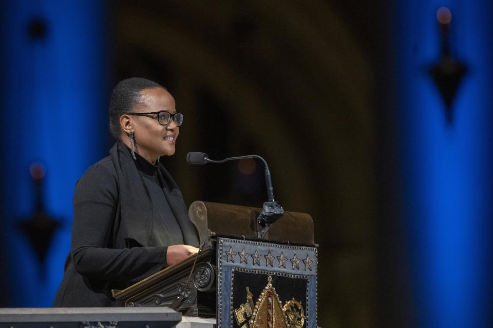 Author Edwidge Danticat speaks during the Celebration of the Life of Toni Morrison, Thursday, Nov. 21, 2019, at the Cathedral of St. John the Divine in New York. Morrison, a Nobel laureate, died in August at 88. (AP Photo/Mary Altaffer)