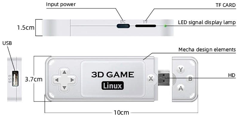 A technical illustration of the Powkiddy Y6 GameStick HDMI dongle.