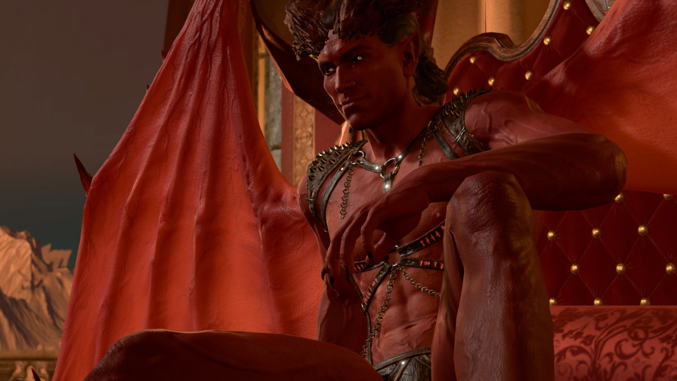 A devil from Baldur's Gate 3 lounges in bondage gear.