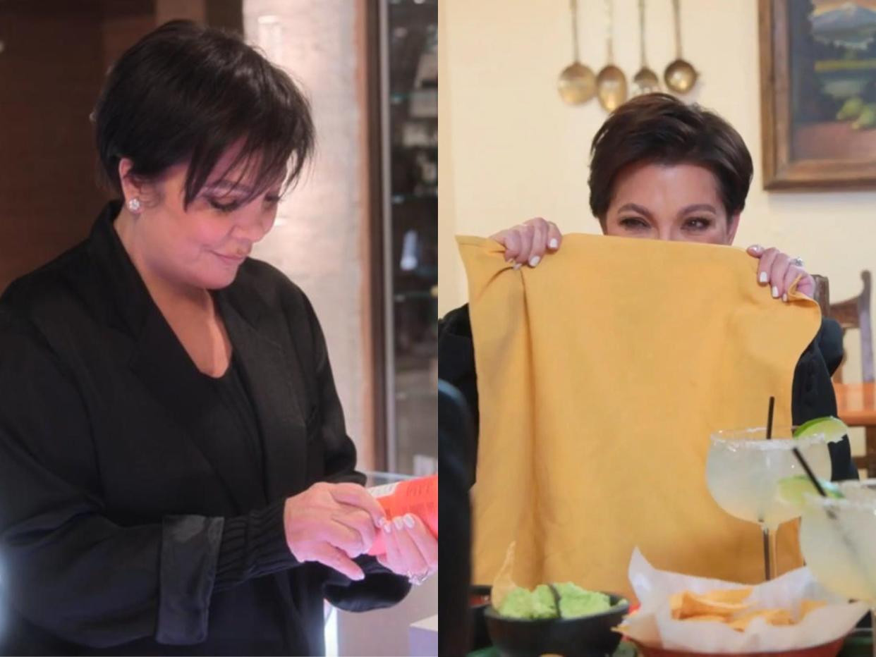 left: kris jenner holding an orange package and inspecting it in her hands; right: kris jenner hiding behind a napkin