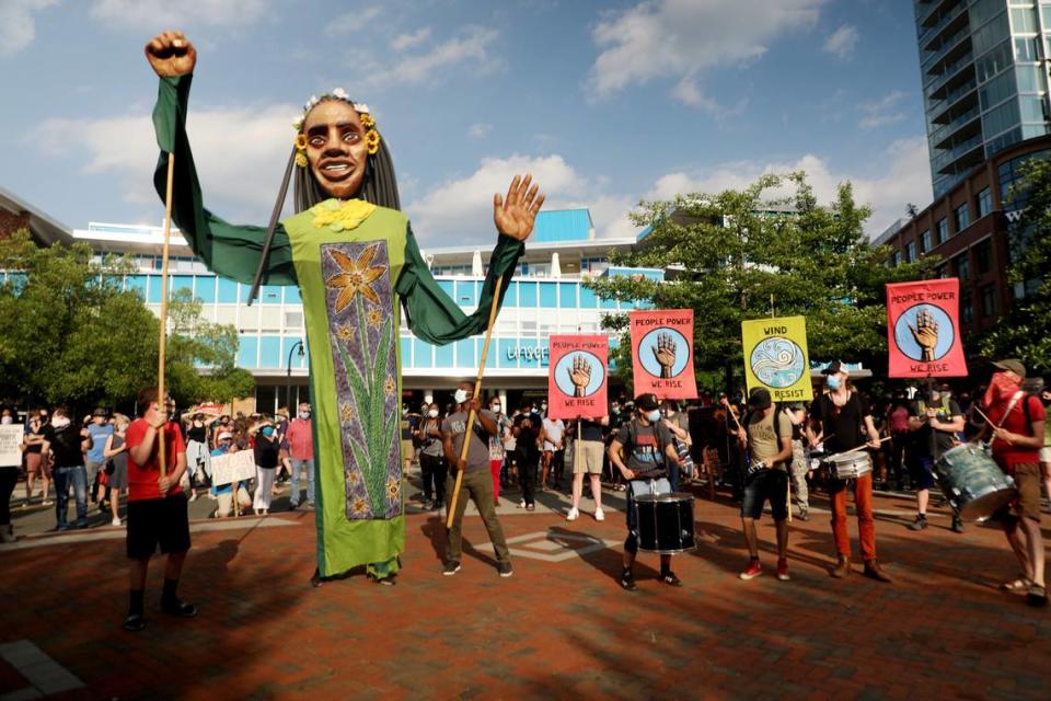 Protesters gather at the CCB Plaza for a sixth straight day of protesting in downtown Durham on Thursday, June 4, 2020.