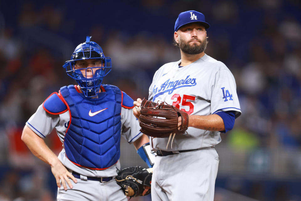 道奇先發投手Lance Lynn表現不佳，僅主投4.2局就失掉8分。(Photo by Megan Briggs/Getty Images)