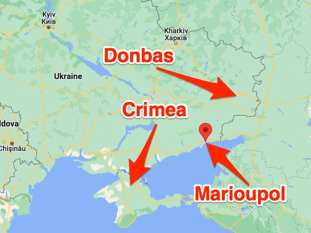 A map shows Donbas, Crimea, and Mariupol — which sits in between the two regions.