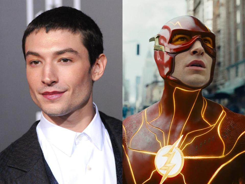 Ezra Miller at the "Justice League" premiere and as Barry Allen in "The Flash."
