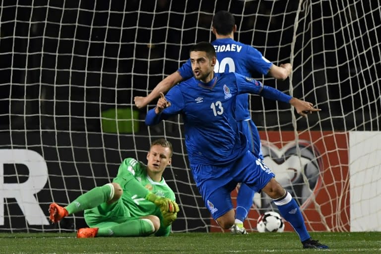 Azerbaijan's Dmitrij Nazarov celebrates after scoring a goal against Germany in Baku on March 26, 2017