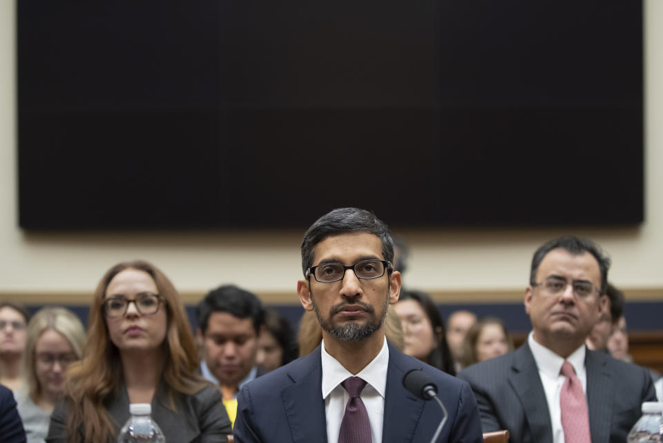 Google CEO Sundar Pichai appears before the House Judiciary Committee to be questioned about the internet giant's privacy security and data collection, on Capitol Hill in Washington, Tuesday, Dec. 11, 2018. Pichai angered members of a Senate panel in September by declining their invitation to testify about foreign governments' manipulation of online services to sway U.S. political elections. (AP Photo/J. Scott Applewhite)