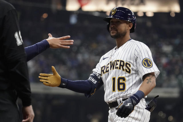 Milwaukee Brewers' Rowdy Tellez smiles during the fourth inning of