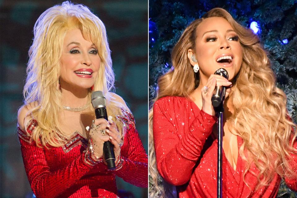 Dolly Parton rehearses for the 2016 Christmas in Rockefeller Center; Mariah Carey performs onstage during her "All I Want For Christmas Is You" tour at Madison Square Garden on December 15, 2019 in New York City.