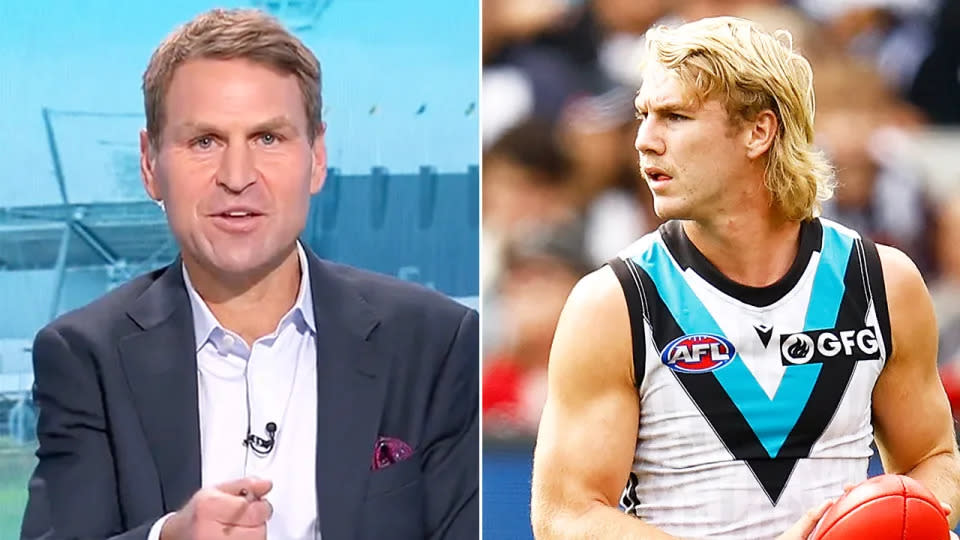 Kane Cornes (left) launched a passionate defence of AFL star Jason Horne-Francis after the Port young gun was once again booed by rival fans. (Images: Channel Nine/Getty Images)
