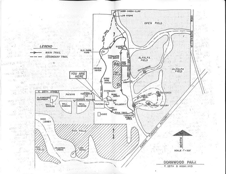 A map provided by Shawnee County Parks and Recreation of Dornwood Park shows where the unique trees in the area stand, as well as original trail systems.
