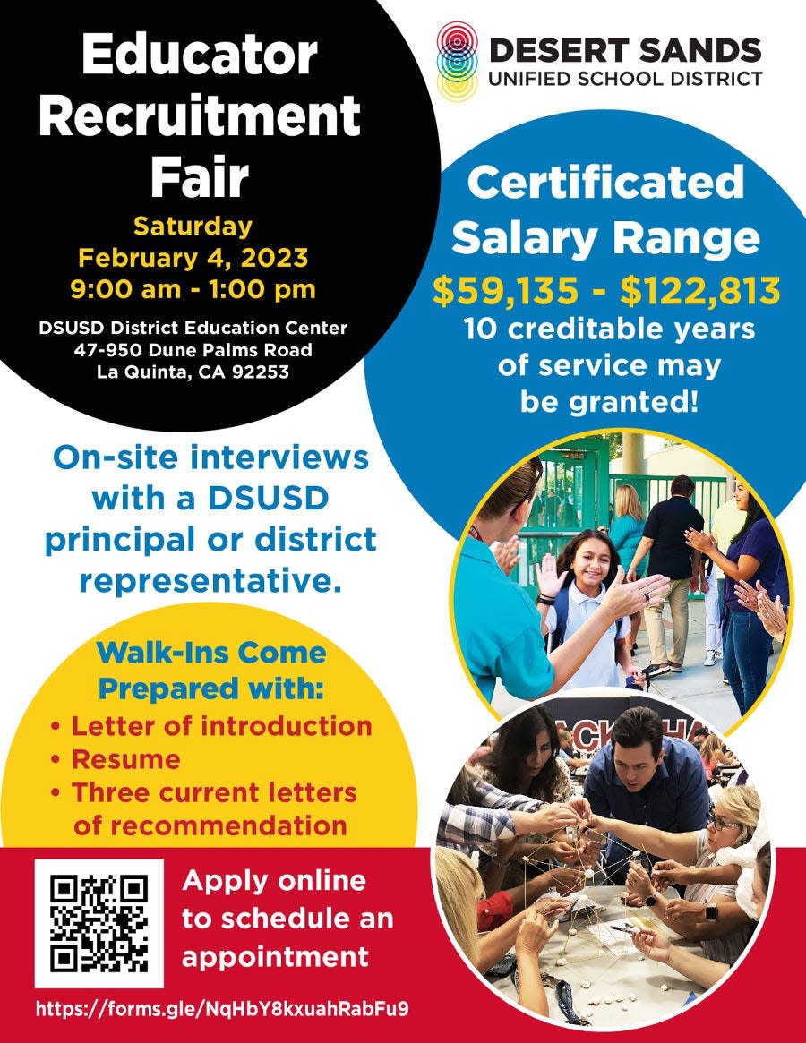 DSUSD will host a teacher recruitment fair in La Quinta, Calif., on Feb. 4, 2023.