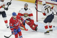 Montreal Canadiens' Nick Suzuki (14) scores against Florida Panthers goaltender Anthony Stolarz (41) as Panthers' Niko Mikkola (77) looks on during the second period of an NHL hockey game in Montreal, Tuesday, April 2, 2024. (Graham Hughes/The Canadian Press via AP)