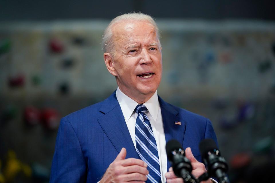 President Joe Biden speaks at Sportrock Climbing Centers, Friday, May 28, 2021, in Alexandria, Va.