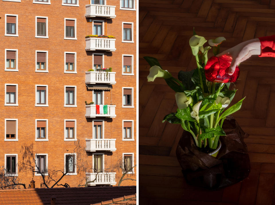 Left: 3:50 P.M. View from the balcony; Right: 3:40 P.M. Taking care of the plant | Lucia Buricelli for TIME