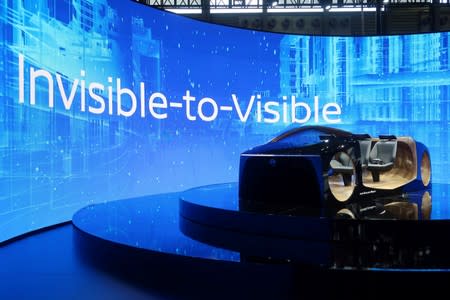 Booth showcasing Nissan's Invisible-to-Visible technology with VR goggles is seen at the CES Asia exhibition in Shanghai