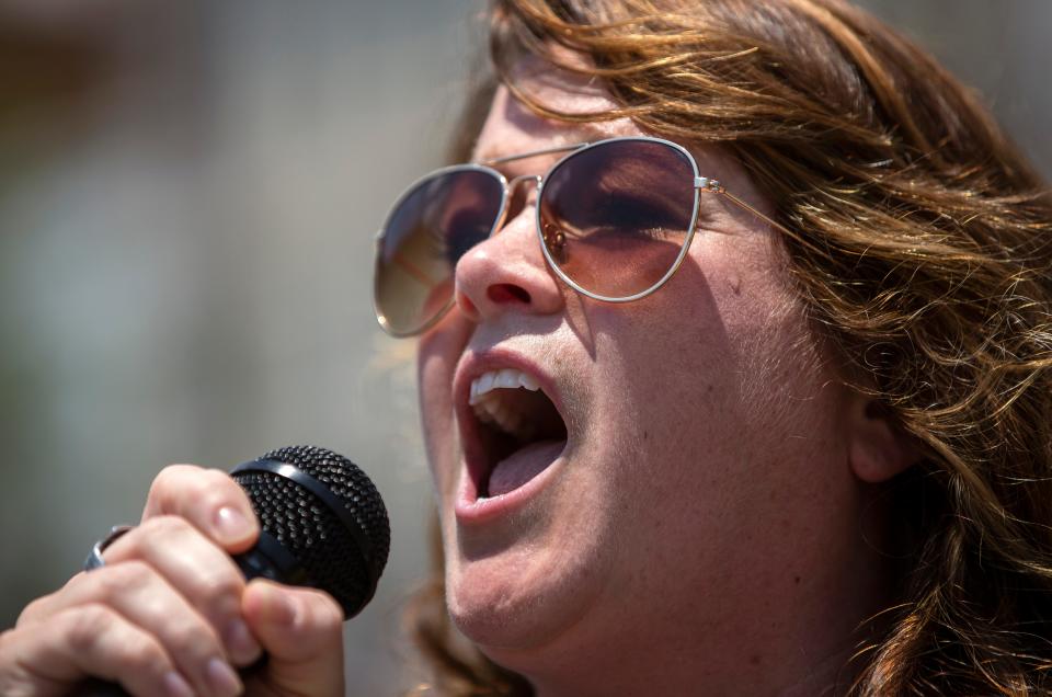 Jaqueline Adams sheds a single tear while delivering a speech during an abortions rights rally in response to the U.S. Supreme Court decision overturning Roe v. Wade on Saturday, June 25, 2022 in downtown Athens.