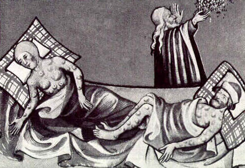 A depiction of the black death from a 15th century Bible.