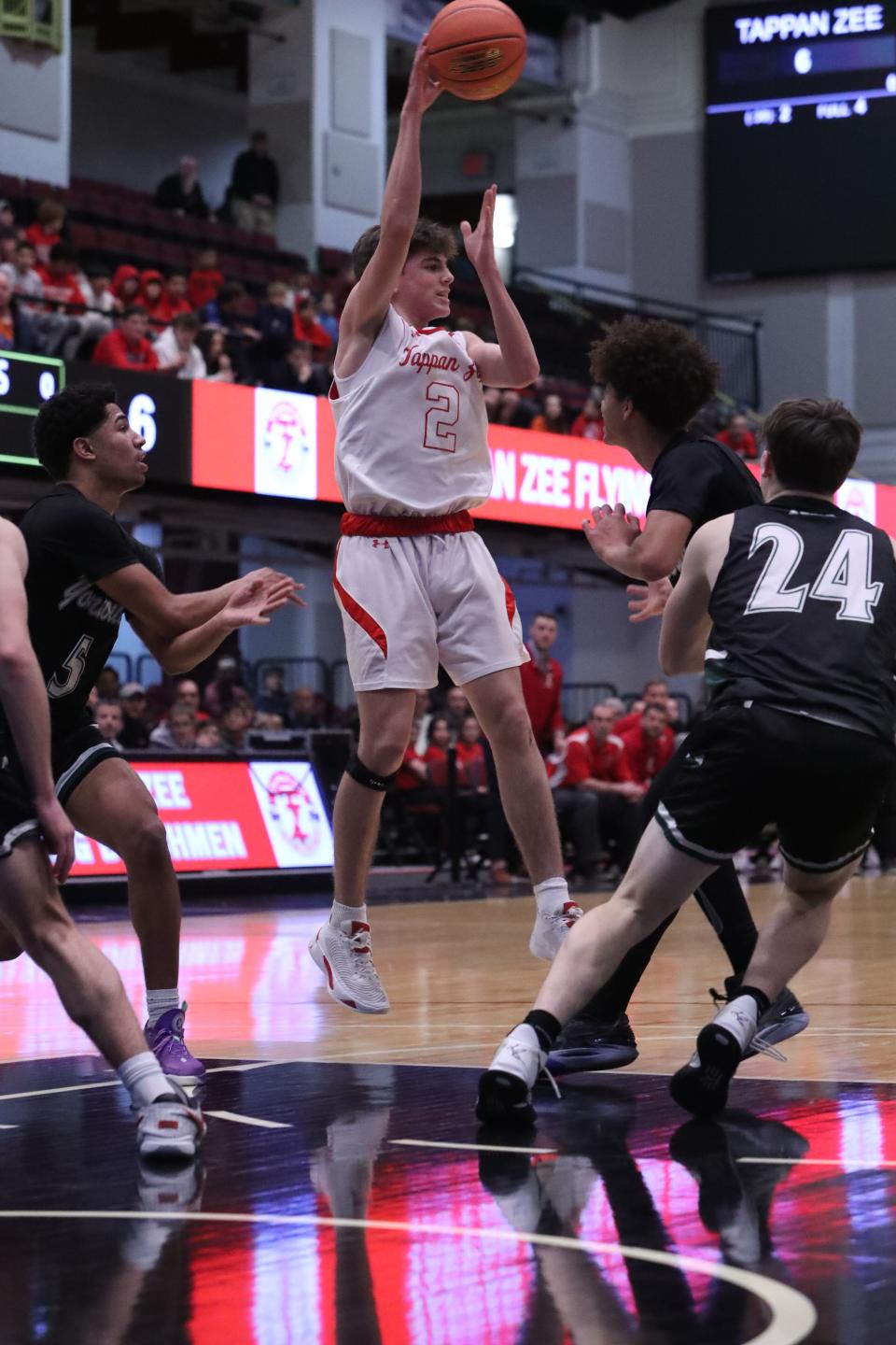 Tommy Linehan dropped five 3s before halftime, helping Tappan Zee beat Yorktown 54-50 in a Class A semifinal at the Westchester County Center Mar. 2, 2023.