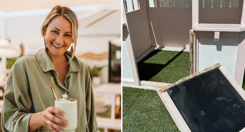 Left: Townsville cafe owner Natalie Giofre Right: Broken cubby house at Sirens Bayside Cafe in Townsville.