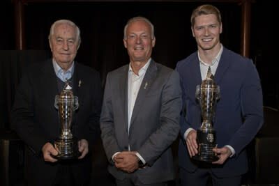 Roger Penske, Fred Lissalde and Josef Newgarden and the Baby Borg Ceremony