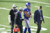 New York Giants inside linebacker Blake Martinez (54) reacts after being hurt during the second half of an NFL football game against the Washington Football Team, Sunday, Oct. 18, 2020, in East Rutherford, N.J. (AP Photo/John Minchillo)