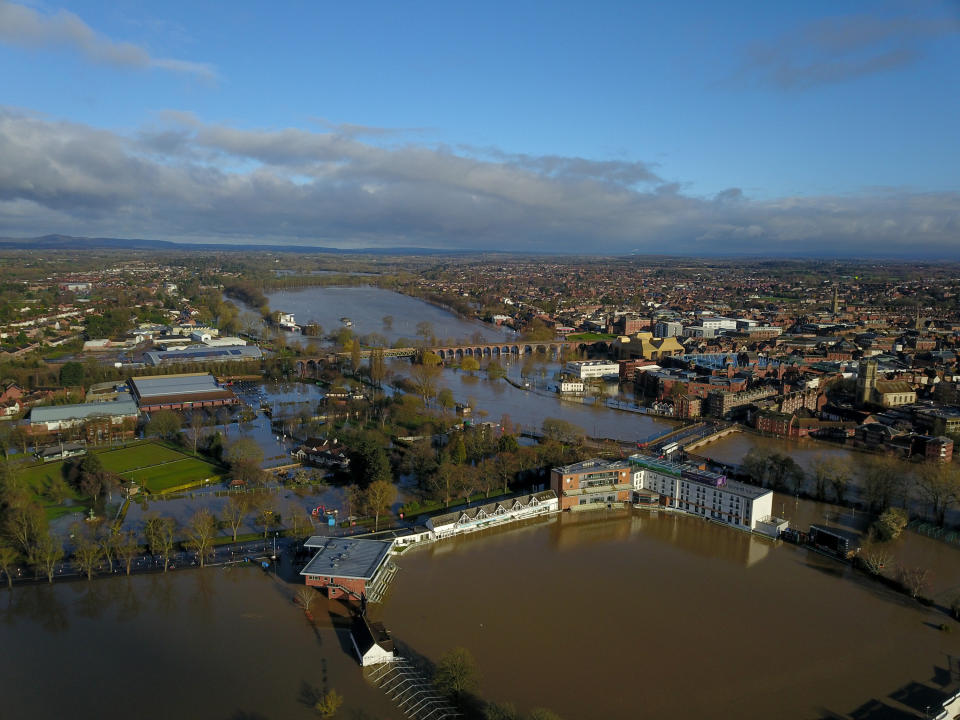 New Road cricket ground, the home of Worcestershire County Cricket Club, is filled up by flood water.