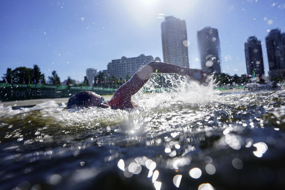 Kai Edwards of Australia, competes during the men's marathon swimming event at the 2020 Summer Olympics, Thursday, Aug. 5, 2021, in Tokyo. (AP Photo/David Goldman)