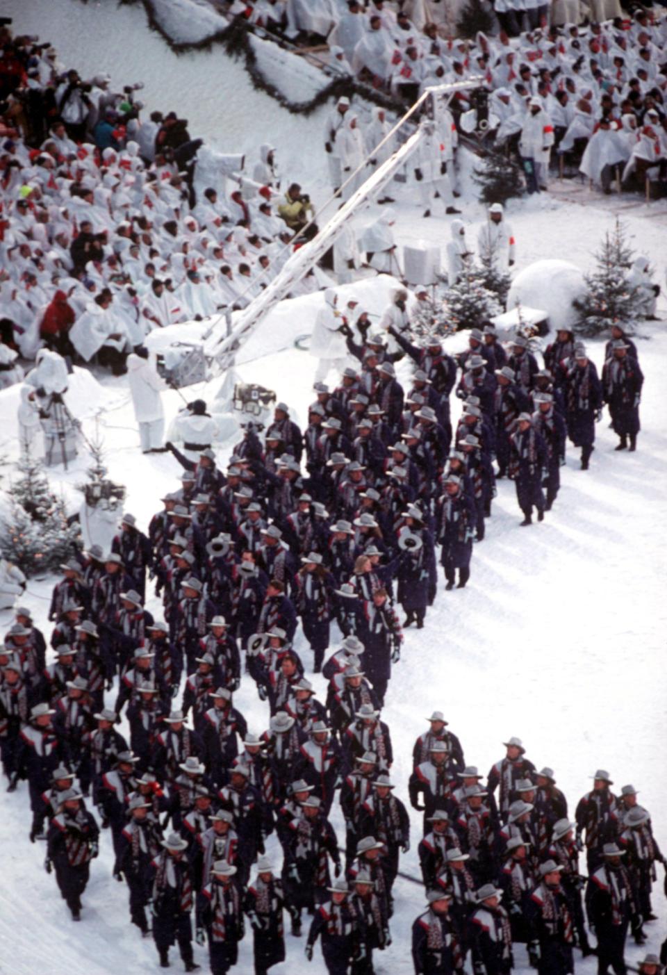 <p>Team USA entered the Opening Ceremony in Lillehammer, Norway, in their red, white and blue uniforms. </p>