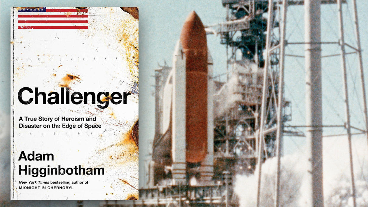  Photo of a book cover whose title reads "challenger," with a blurry photo of the space shuttle launching in the background. 