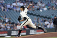 Seattle Mariners starting pitcher Logan Gilbert works against the Tampa Bay Rays during the first inning of a baseball game Saturday, June 19, 2021, in Seattle. (AP Photo/John Froschauer)