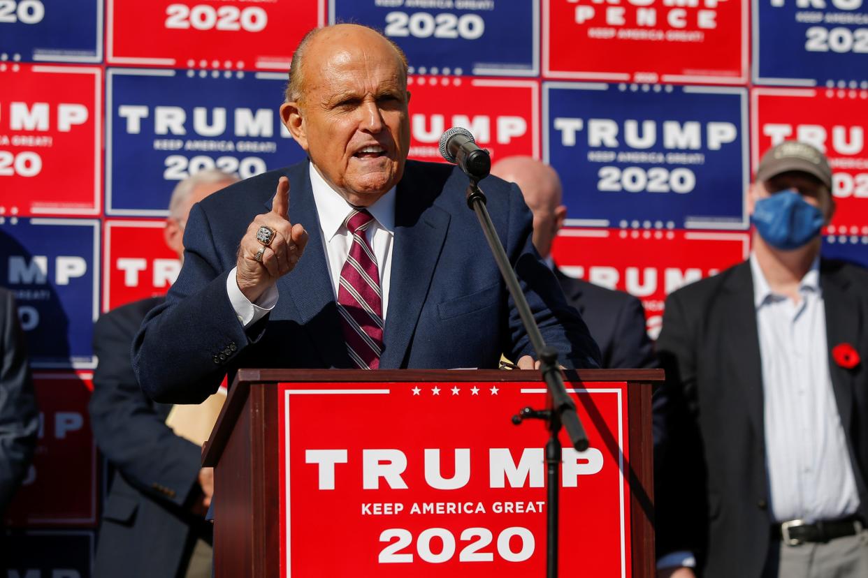 <p>Former New York City Mayor Rudy Giuliani, personal attorney to US President Donald Trump, speaking after media announced that Joe Biden won the 2020 US presidential election, in, Philadelphia, Pennsylvania, US 7 November 2020</p> (Reuters)