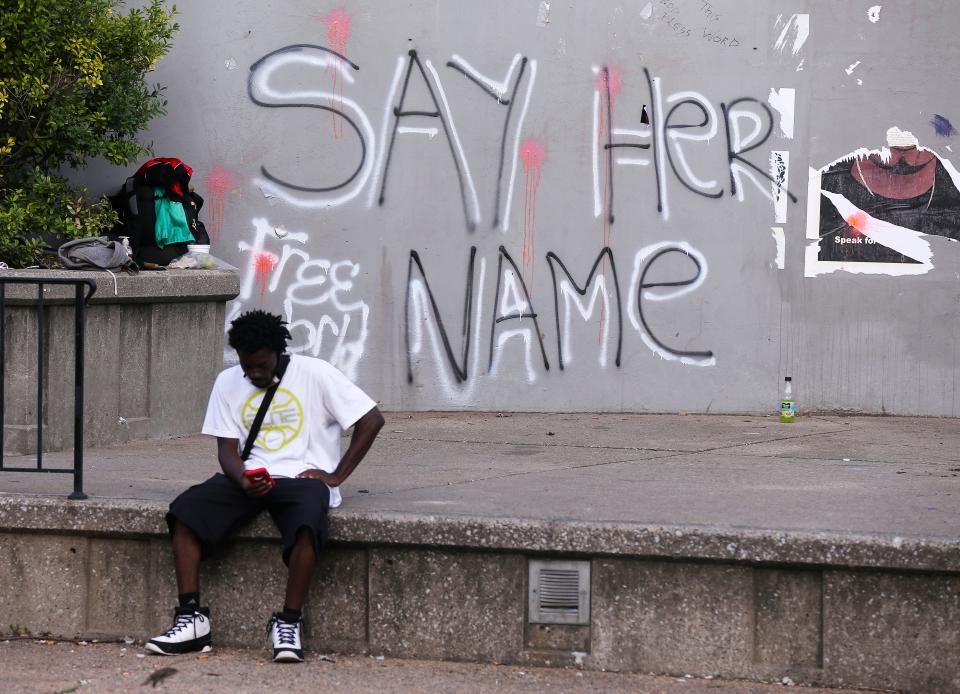 A wall has been spray painted with a slogan to honor Breonna Taylor in Jefferson Square Park on Aug. 5 2020.  The slain 26-year-old died at the hands of LMPD as they issued a no-knock warrant at her apartment.