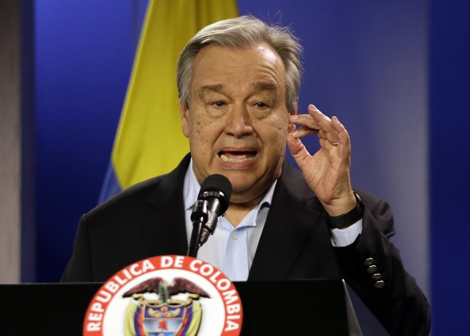 FILE - Jan. 13, 2018 file photo, U.N. Secretary-General Antonio Guterres talks to the media during a join declaration with the Colombian president, in Bogota, Colombia. Saying humanity is waging war with the planet, the head of the United Nations isn’t planning to let just any world leader speak about climate change in Monday’s special “action summit.” Guterres says only those with new specific and bold plans can command the podium and the ever-warming world’s attention. (AP Photo/Fernando Vergara, File)