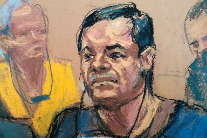 Joaquin “El Chapo” Guzman at the federal courthouse in Brooklyn. (Sketch: Jane Rosenberg/Reuters)