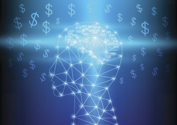 Lighted nodes forming human head with dollar symbols in background