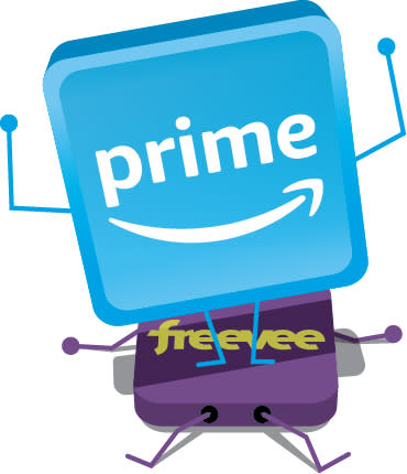 anthropomorphized Prime Video logo defeating the Freevee logo