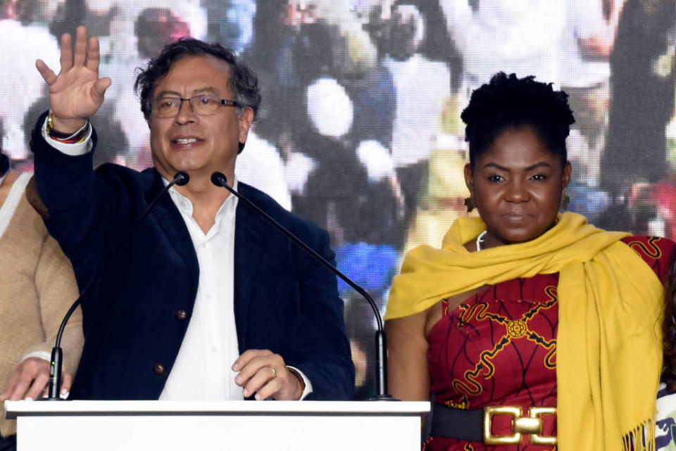 Presidential candidate Gustavo Petro and his vice-presidential candidate Francia Márquez of Pacto Historico coalition celebrate after the presidential election first round on May 29 2022 in Bogota, Colombia.<span class="copyright">Guillermo Legaria—Getty Images</span>