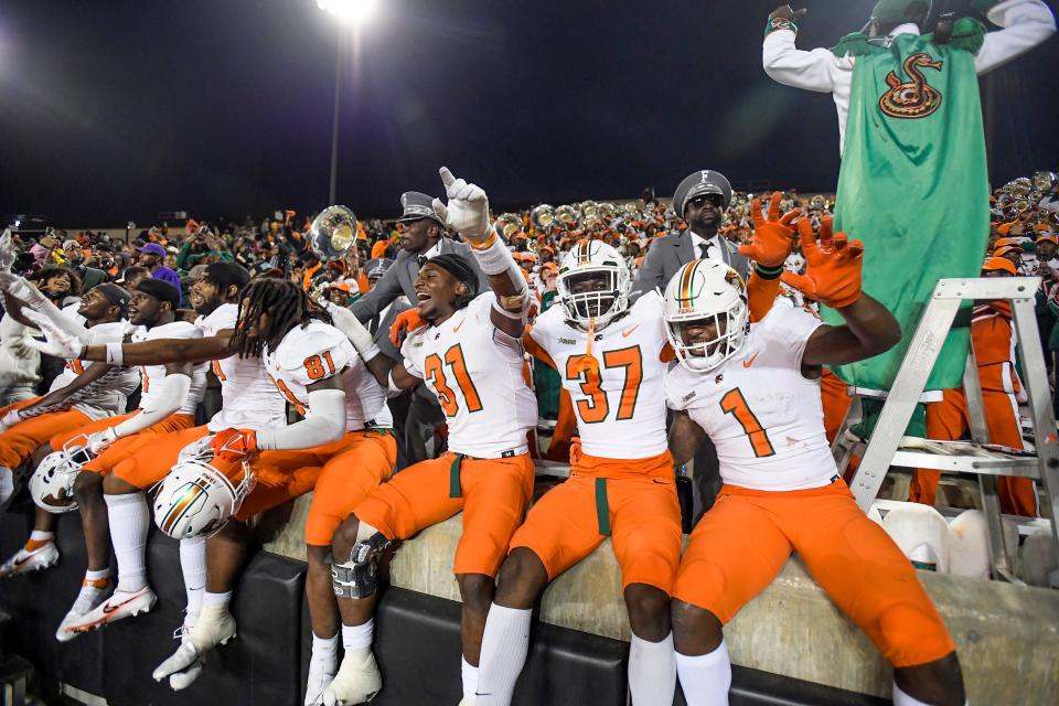 Florida A&M University  players celebrate their win over Alabama State University following their game at Hornet Stadium in Montgomery, Ala. on Saturday November 12, 2022.

Asu31