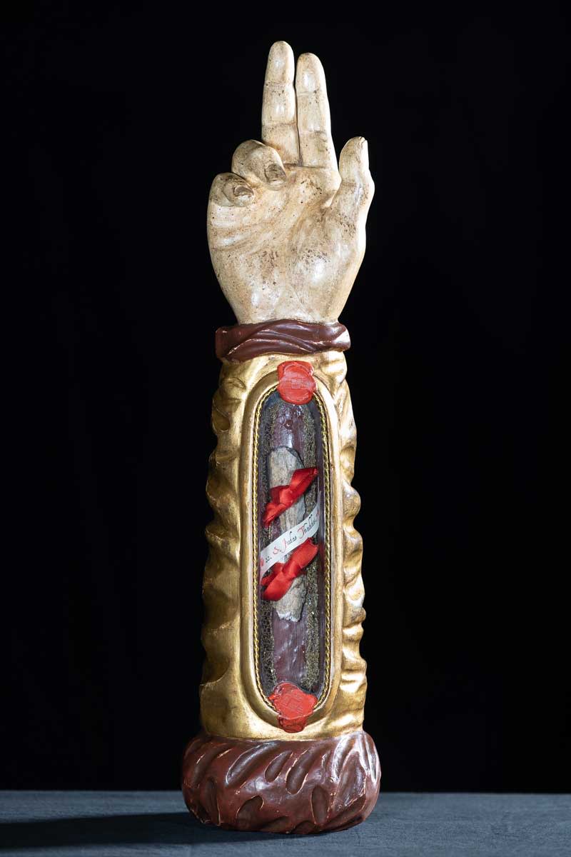 The reliquary for the arm of St. Jude Thaddeus, a Catholic martyr who was killed in the first century A.D. The arm is touring the U.S. through May 2024 and will stop in East Lansing this week.