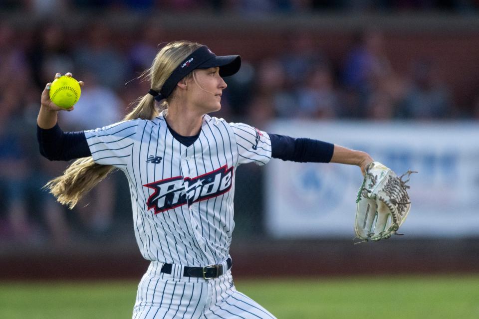 USSSA Pride’s Haley Cruse (10) throws from the outfield as the USSSA Pride takes on Team Florida in an exhibition game at Bosse Field in Evansville, Ind., Wednesday evening, July 14, 2021. 