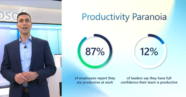 Jared Spataro, Microsoft corporate vice president of Modern Work, cites the results from Microsoft’s latest Work Trend Index <a href="https://news.microsoft.com/empowering-the-workforce/" rel="nofollow noopener" target="_blank" data-ylk="slk:during a webcast Thursday morning;elm:context_link;itc:0;sec:content-canvas" class="link ">during a webcast Thursday morning</a>. (Image via Microsoft webcast)