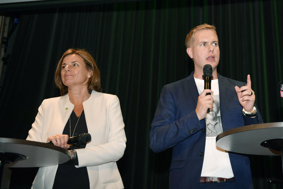 Isabella Lovin, left, and Gustav Fridolin at the Miljöpartiet election party in Stockholm, Sweden, Sunday Sept. 9, 2018. Polls have opened in Sweden's general election in what is expected to be one of the most unpredictable and thrilling political races in Scandinavian country for decades amid heated discussion around top issue immigration. (Maja Suslin/TT via AP)