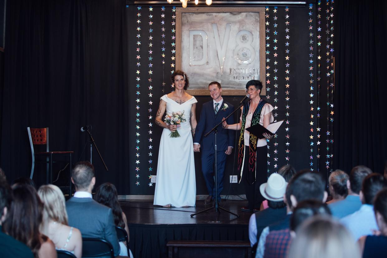 Brie and Sam Tynen's wedding, officiated by Bconnected founder Three Brodsky, right.