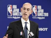 NBA Commissioner Adam Silver speaks during a news conference before the NBA preseason basketball game between Houston Rockets and Toronto Raptors at Saitama Super Arena in Saitama