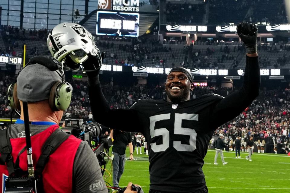 Chandler Jones #55 of the Las Vegas Raiders celebrates after a game against the New England Patriots at Allegiant Stadium on December 18, 2022 in Las Vegas, Nevada (Getty Images)